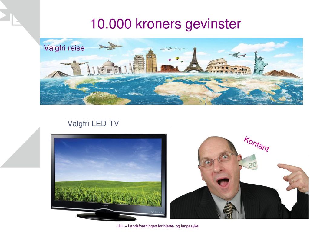 kroners gevinster Valgfri reise Valgfri LED-TV Kontant