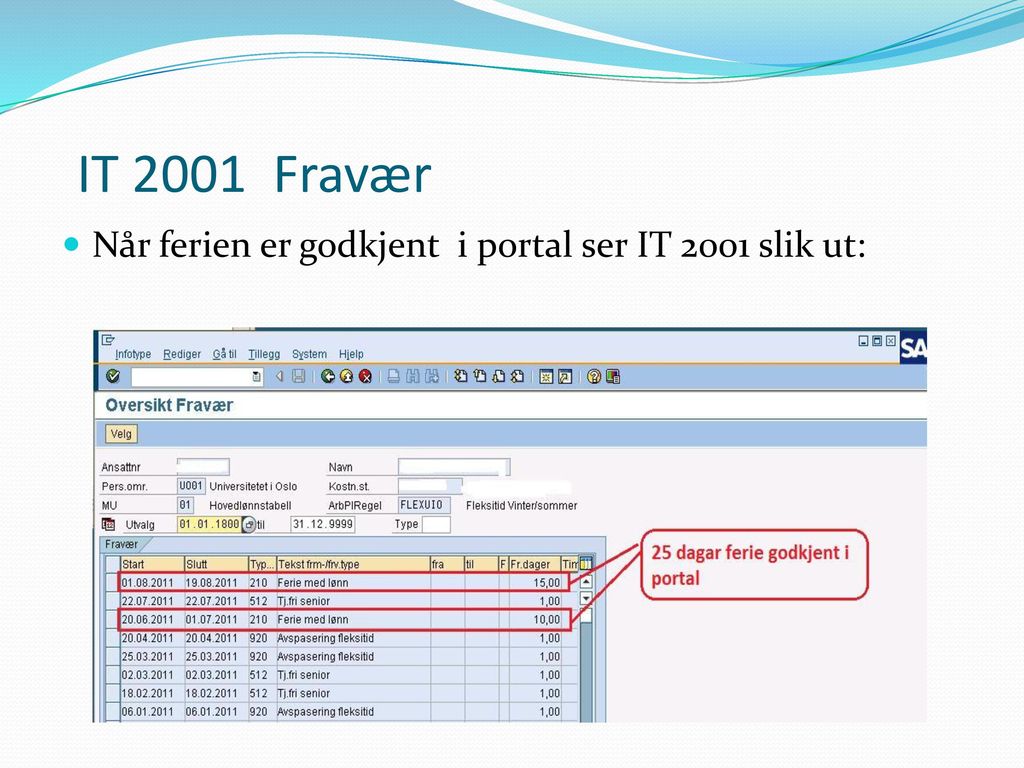 IT 2001 Fravær Når ferien er godkjent i portal ser IT 2001 slik ut: