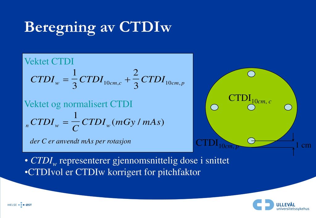 Beregning av CTDIw Vektet CTDI CTDI10cm, c Vektet og normalisert CTDI
