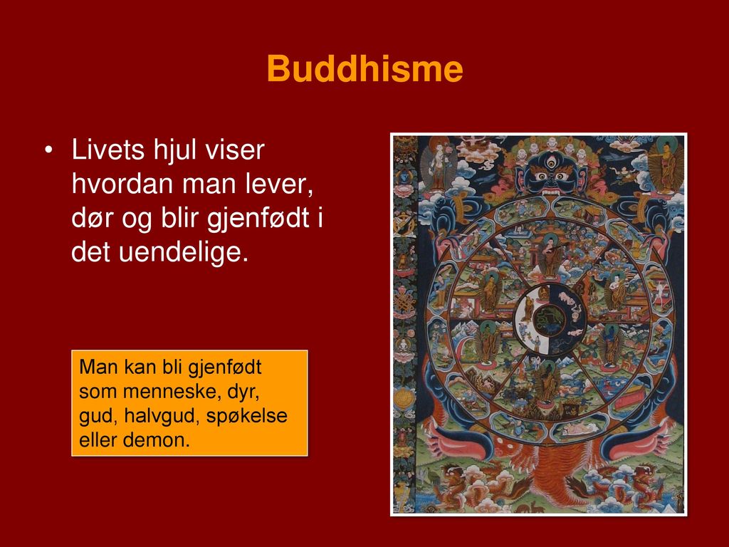 Buddhisme Livets hjul viser hvordan man lever, dør og blir gjenfødt i det uendelige.