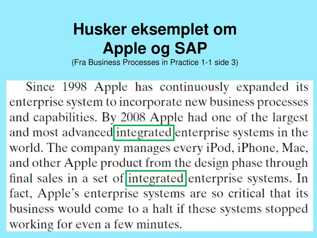 Husker eksemplet om Apple og SAP (Fra Business Processes in Practice 1-1 side 3)