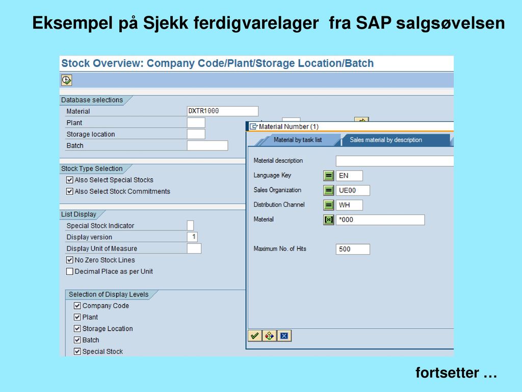 Eksempel på Sjekk ferdigvarelager fra SAP salgsøvelsen
