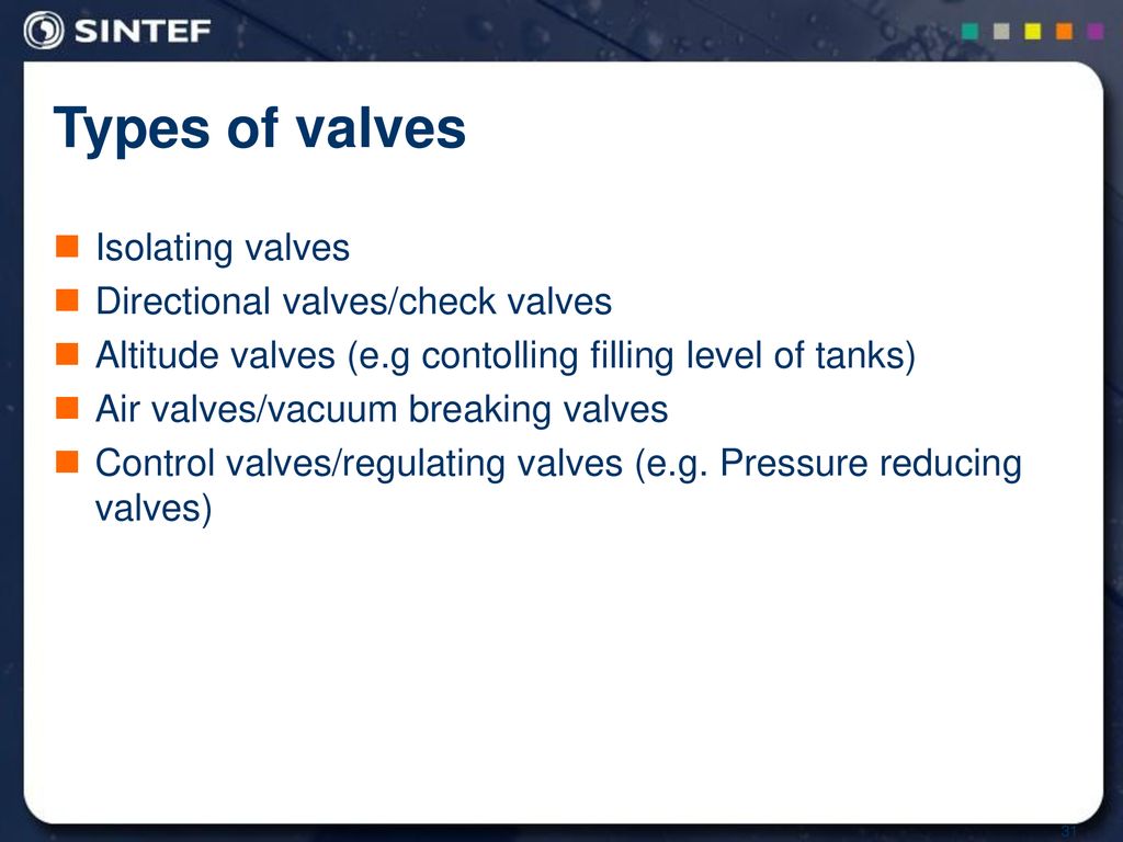 Types of valves Isolating valves Directional valves/check valves