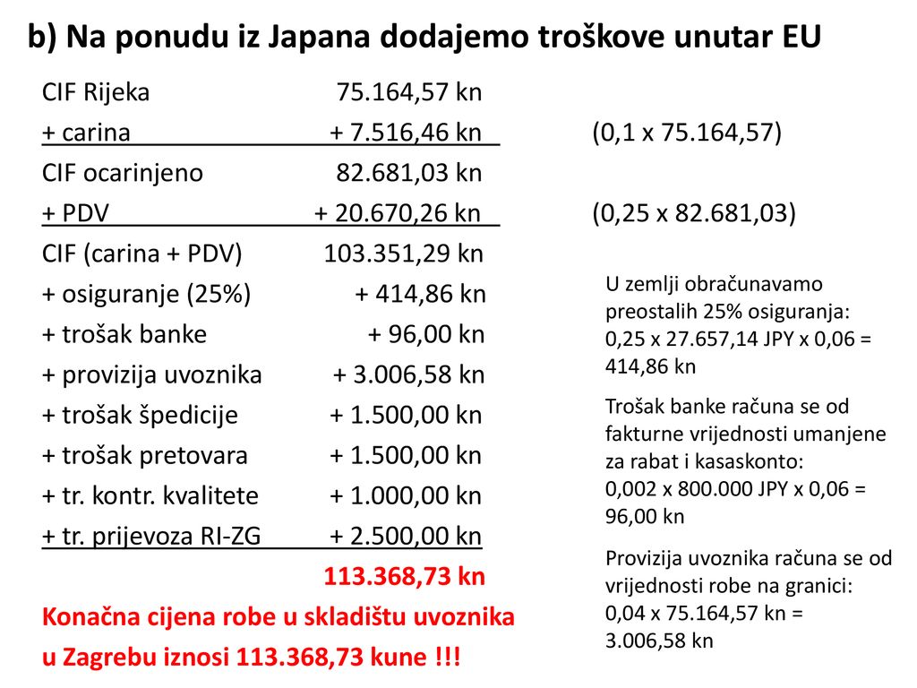 b) Na ponudu iz Japana dodajemo troškove unutar EU