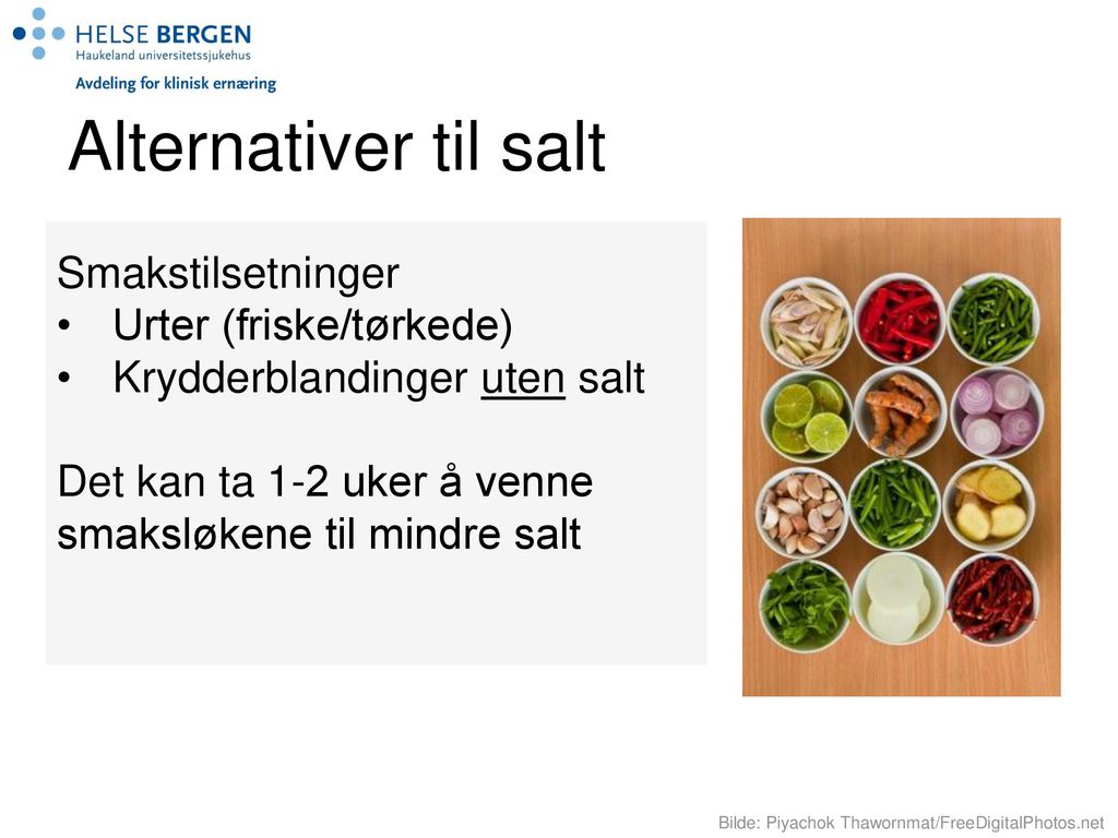 Alternativer til salt Smakstilsetninger Urter (friske/tørkede)