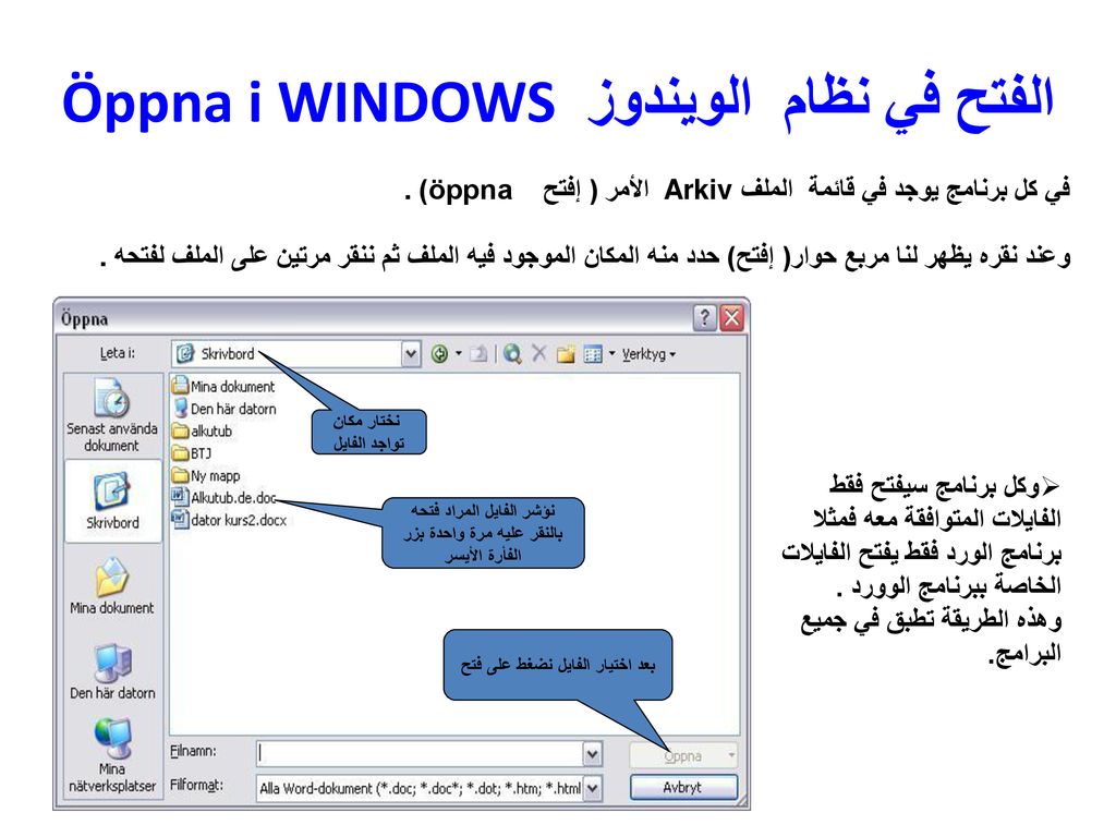 الفتح في نظام الويندوز Öppna i WINDOWS