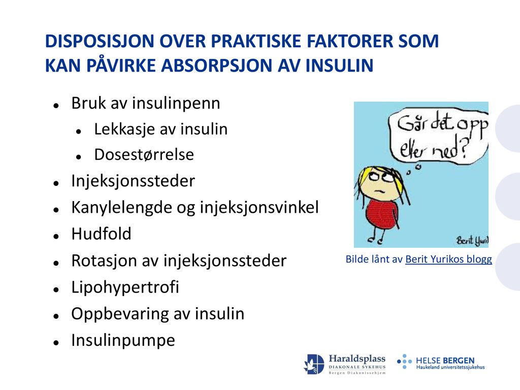 Disposisjon over Praktiske Faktorer som kan påvirke absorpsjon av insulin. Bruk av insulinpenn.