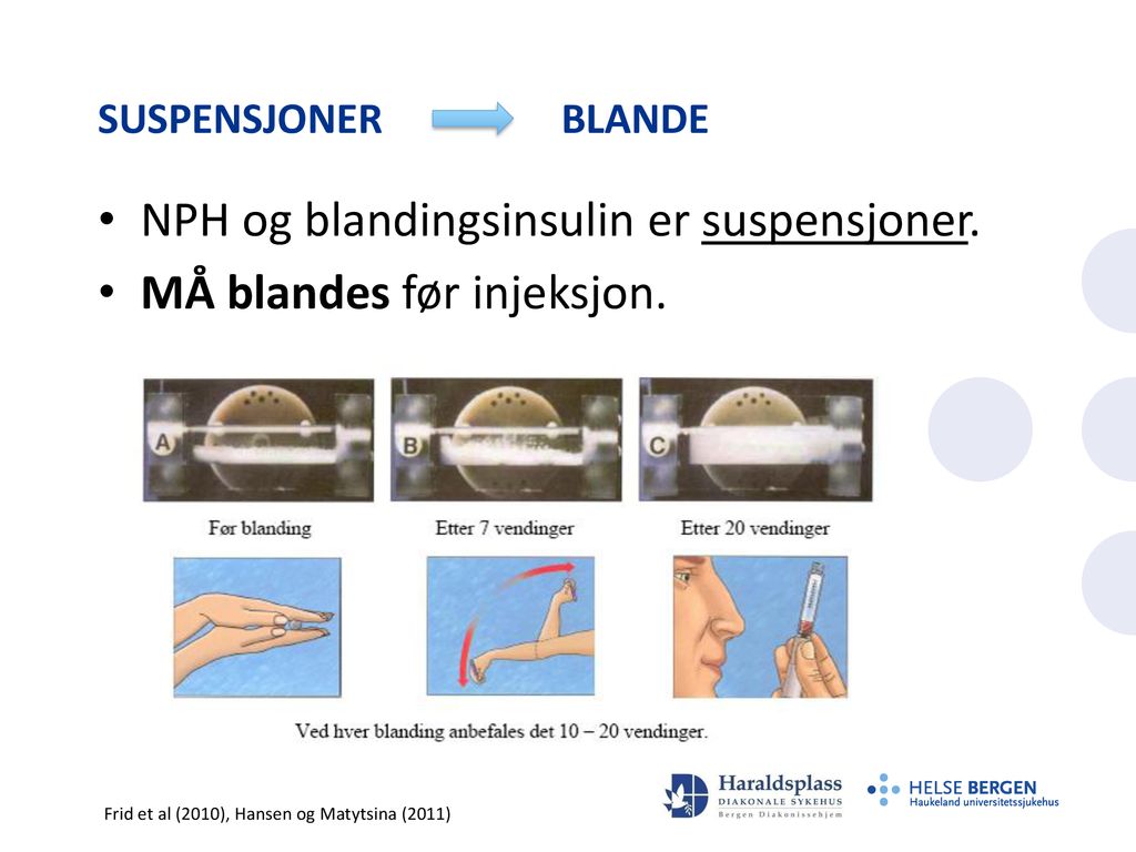 NPH og blandingsinsulin er suspensjoner. MÅ blandes før injeksjon.