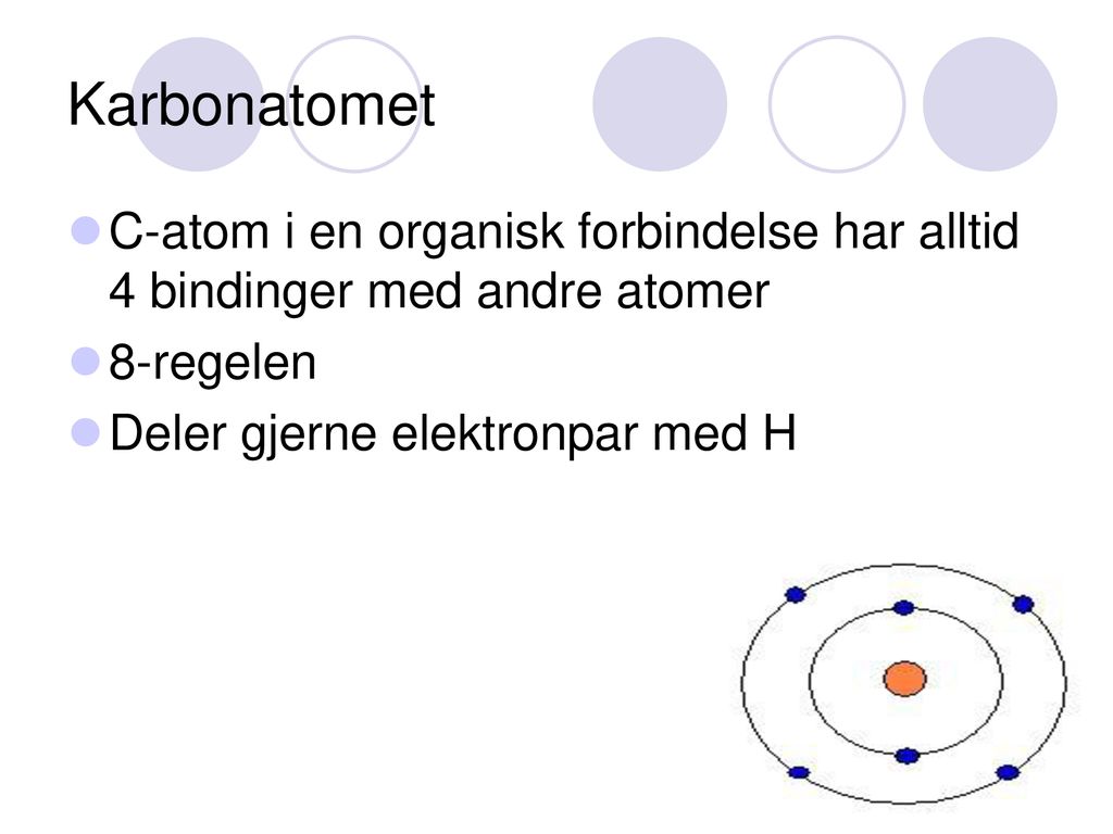 Karbonatomet C-atom i en organisk forbindelse har alltid 4 bindinger med andre atomer. 8-regelen. Deler gjerne elektronpar med H.