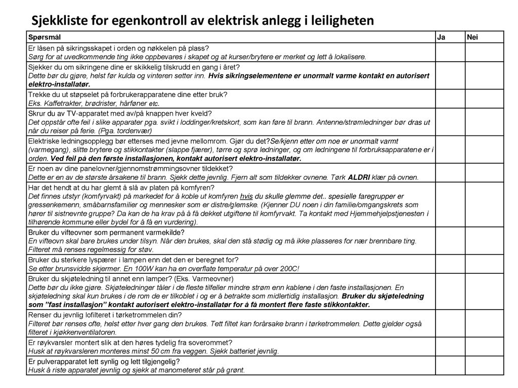 Sjekkliste for egenkontroll av elektrisk anlegg i leiligheten