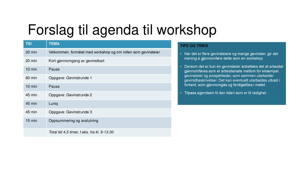 Forslag til agenda til workshop