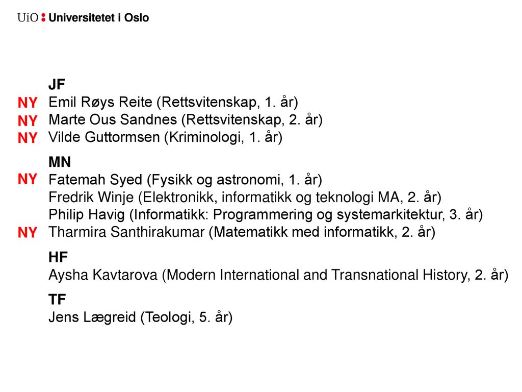 JF Emil Røys Reite (Rettsvitenskap, 1. år) Marte Ous Sandnes (Rettsvitenskap, 2. år) Vilde Guttormsen (Kriminologi, 1. år)