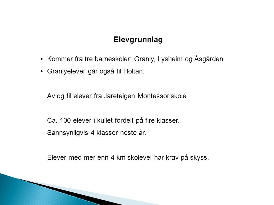 Elevgrunnlag Kommer fra tre barneskoler: Granly, Lysheim og Åsgården.