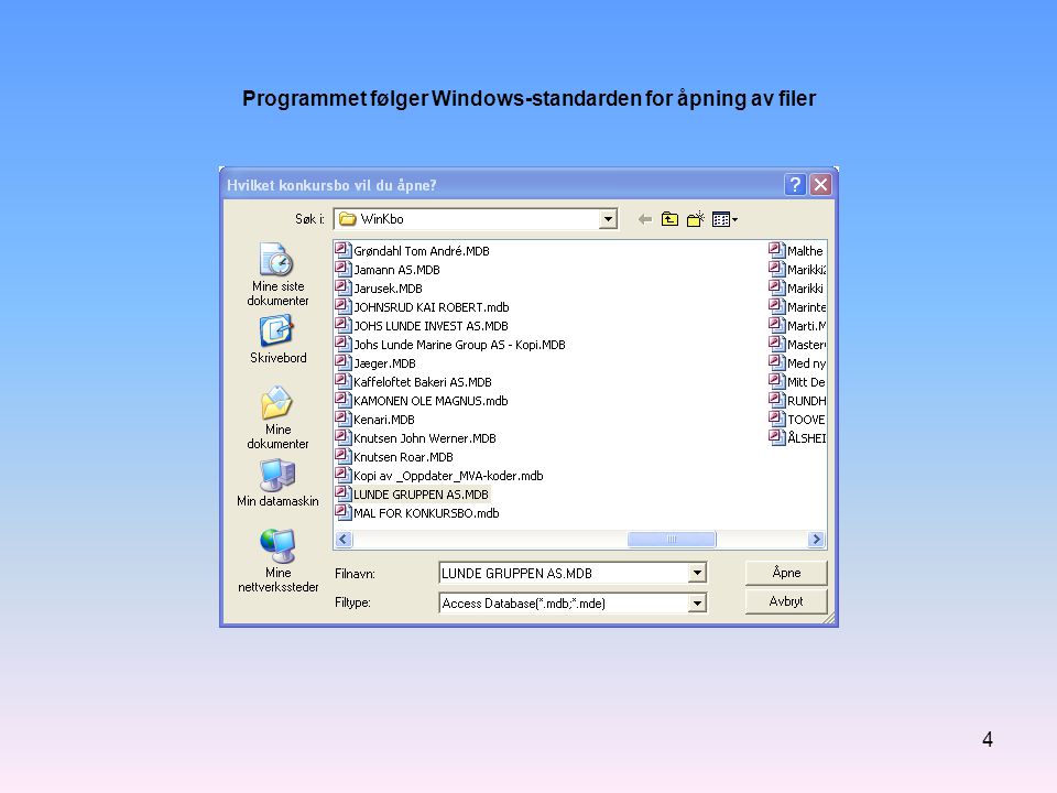 Programmet følger Windows-standarden for åpning av filer