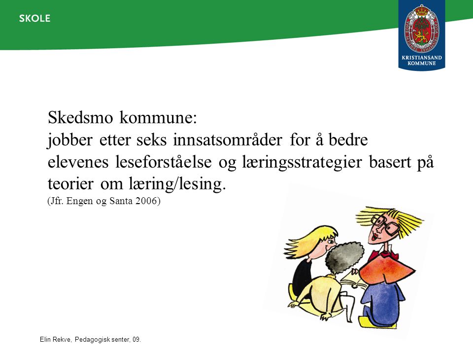 Skedsmo kommune: jobber etter seks innsatsområder for å bedre elevenes leseforståelse og læringsstrategier basert på teorier om læring/lesing.
