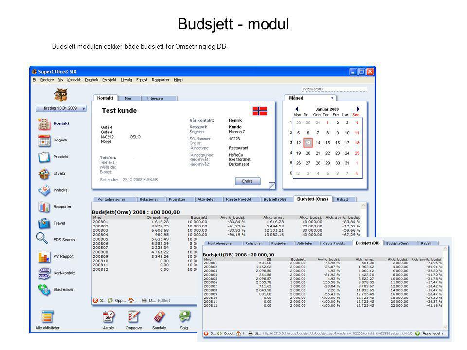Budsjett - modul Budsjett modulen dekker både budsjett for Omsetning og DB.