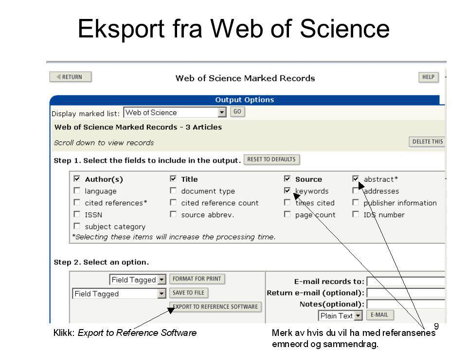 Eksport fra Web of Science