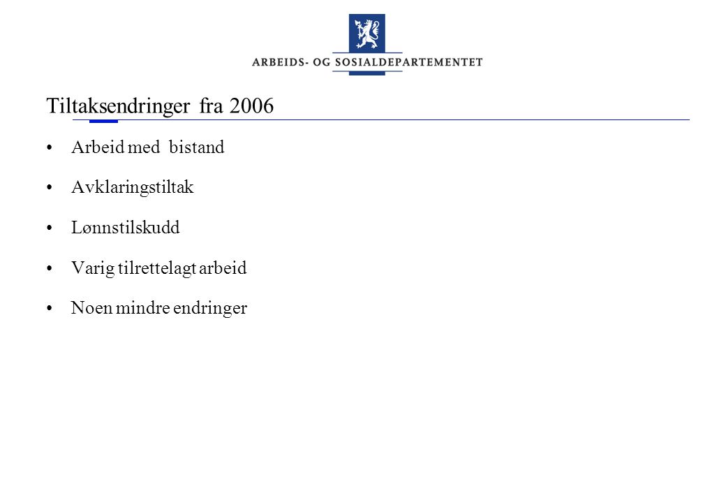 Tiltaksendringer fra 2006 Arbeid med bistand Avklaringstiltak