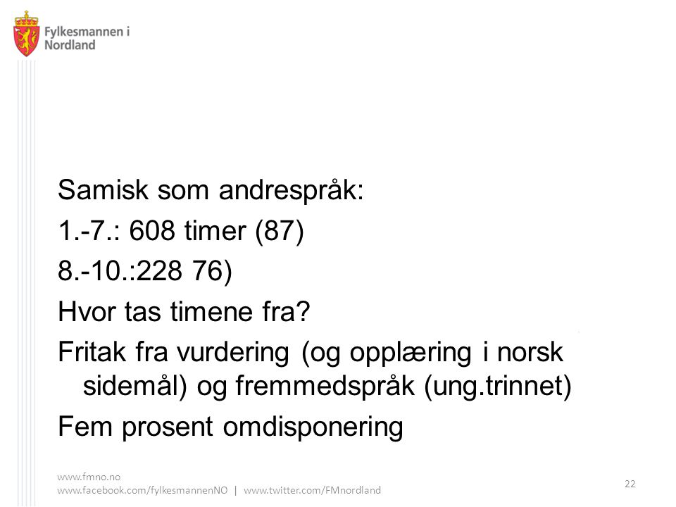 Samisk som andrespråk: 1.-7.: 608 timer (87) :228 76)