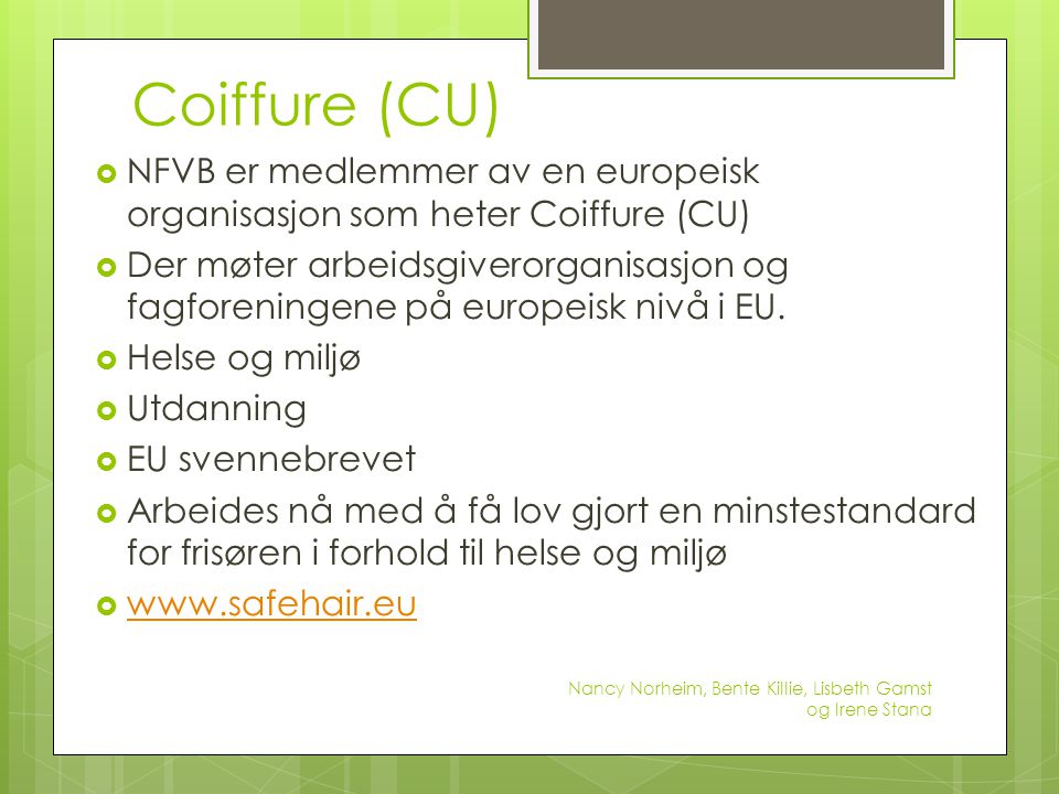 Coiffure (CU) NFVB er medlemmer av en europeisk organisasjon som heter Coiffure (CU)