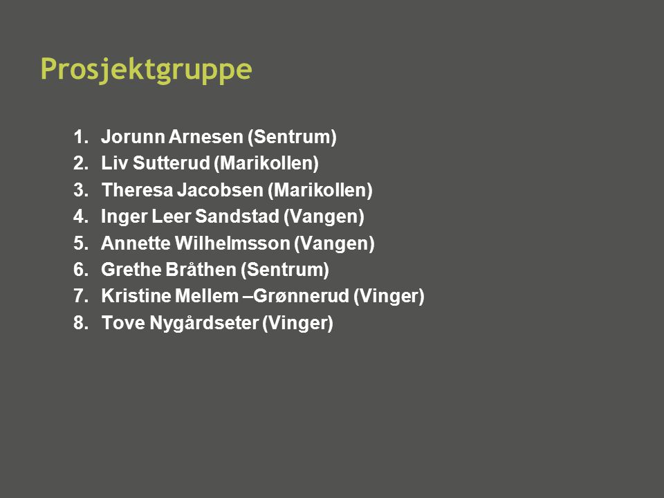 Prosjektgruppe Jorunn Arnesen (Sentrum) Liv Sutterud (Marikollen)