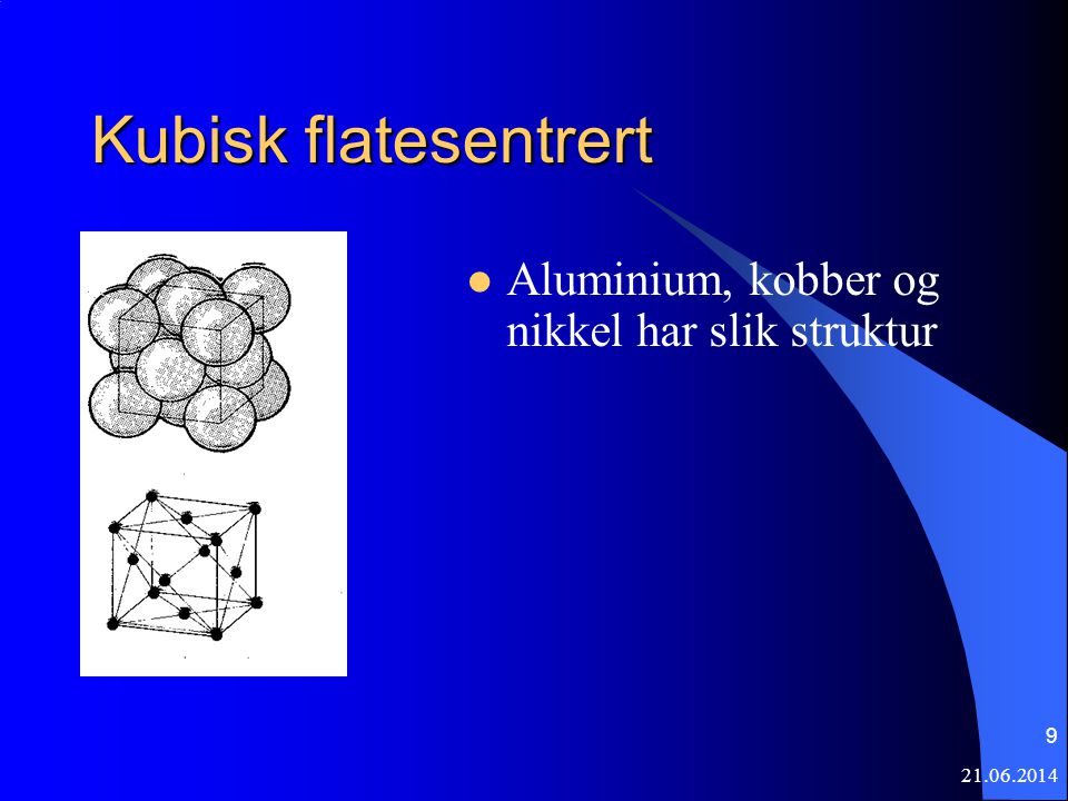 Kubisk flatesentrert Aluminium, kobber og nikkel har slik struktur