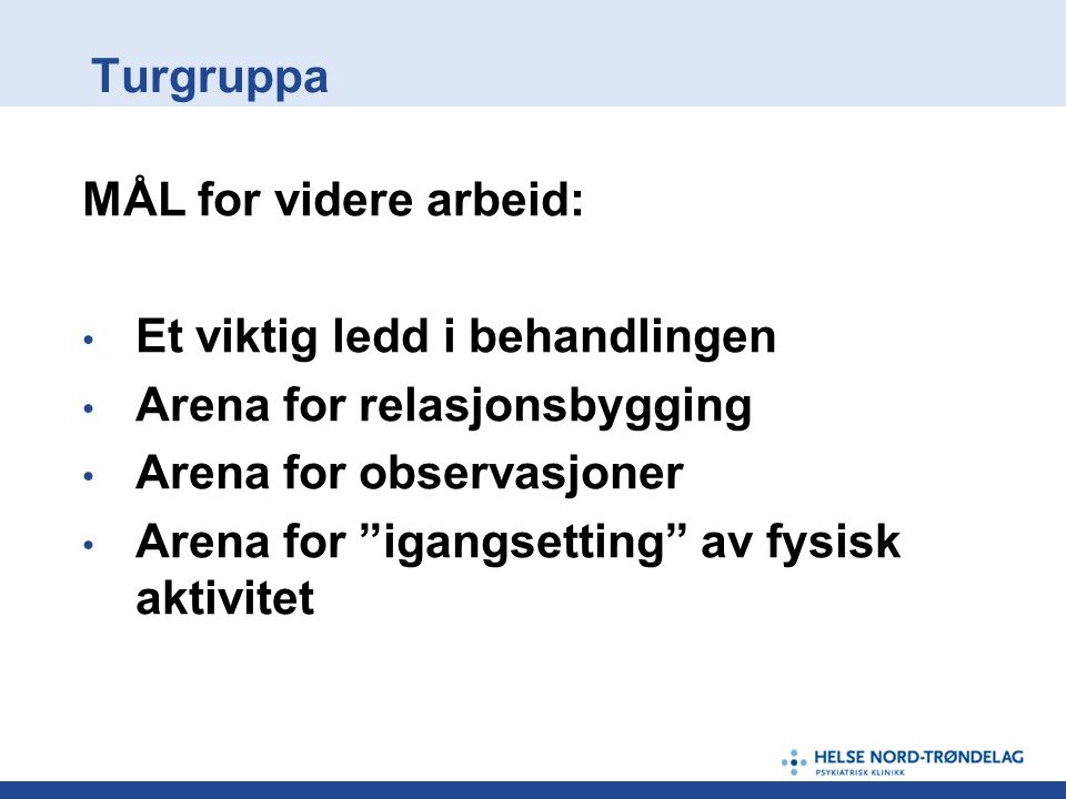 Turgruppa MÅL for videre arbeid: Et viktig ledd i behandlingen. Arena for relasjonsbygging. Arena for observasjoner.