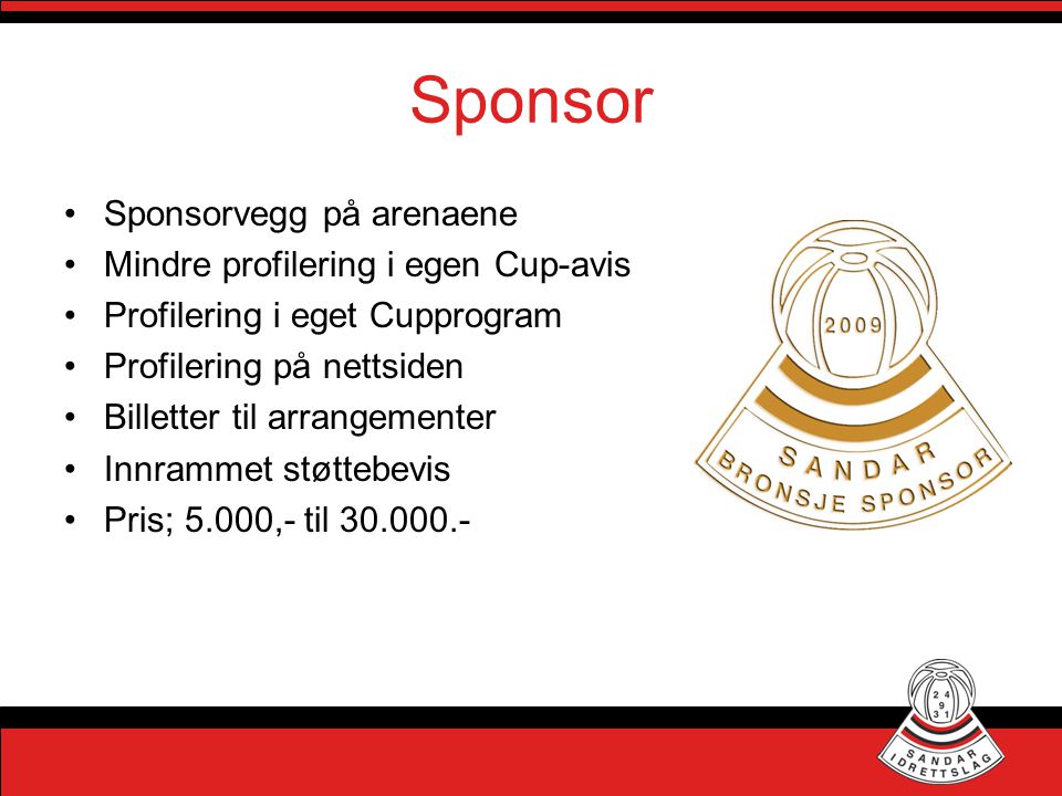 Sponsor Sponsorvegg på arenaene Mindre profilering i egen Cup-avis