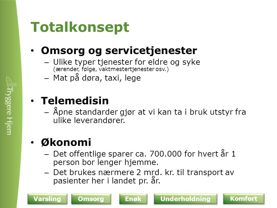 Totalkonsept Omsorg og servicetjenester Telemedisin Økonomi