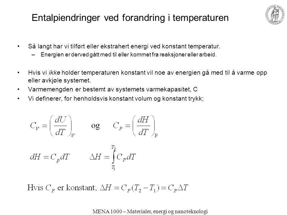Entalpiendringer ved forandring i temperaturen