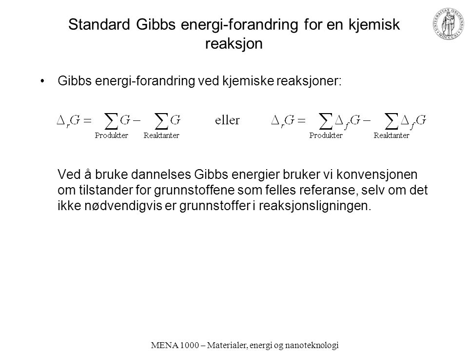 Standard Gibbs energi-forandring for en kjemisk reaksjon