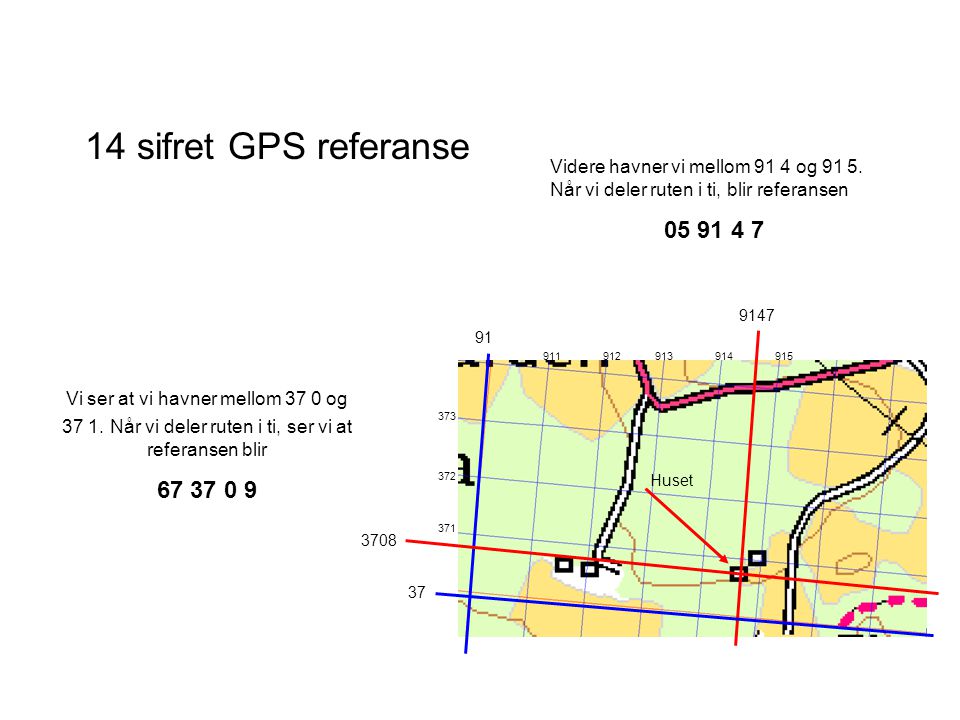 14 sifret GPS referanse Videre havner vi mellom 91 4 og Når vi deler ruten i ti, blir referansen.