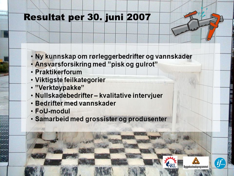 Resultat per 30. juni 2007 Ny kunnskap om rørleggerbedrifter og vannskader. Ansvarsforsikring med pisk og gulrot
