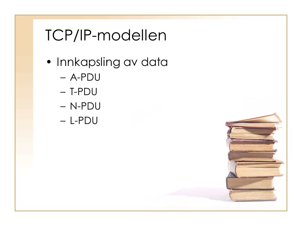 TCP/IP-modellen Innkapsling av data A-PDU T-PDU N-PDU L-PDU