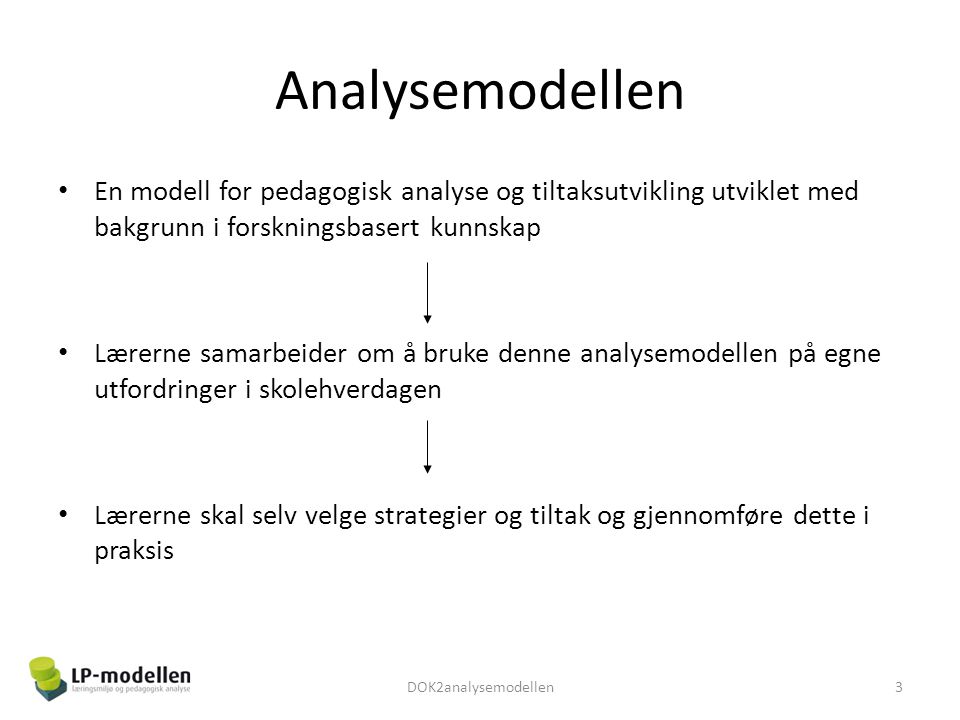 Analysemodellen En modell for pedagogisk analyse og tiltaksutvikling utviklet med bakgrunn i forskningsbasert kunnskap.