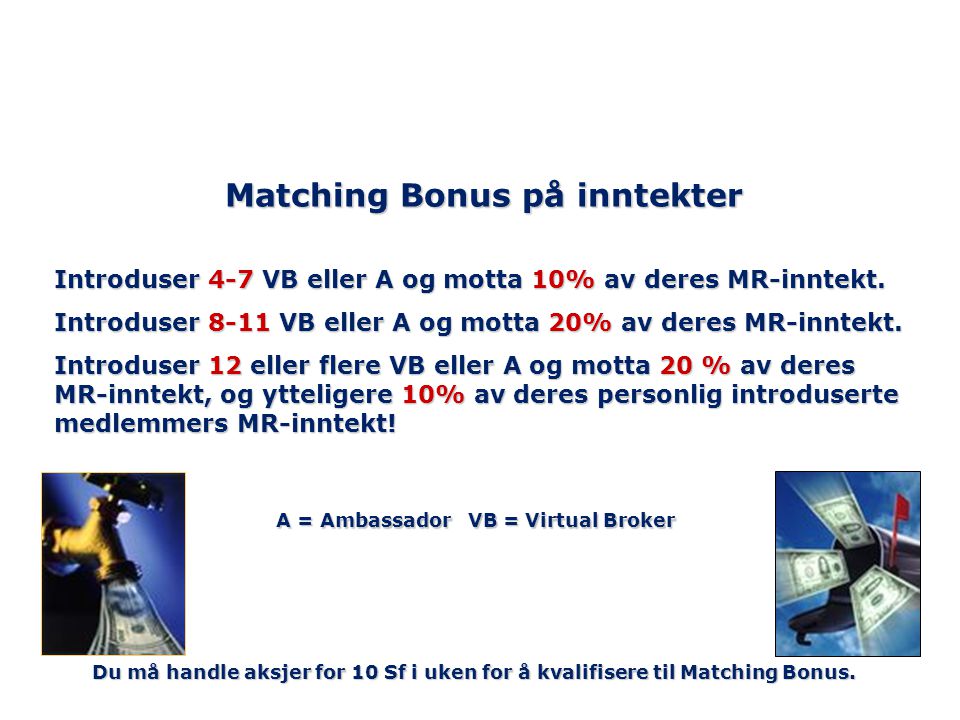Matching Bonus på inntekter A = Ambassador VB = Virtual Broker