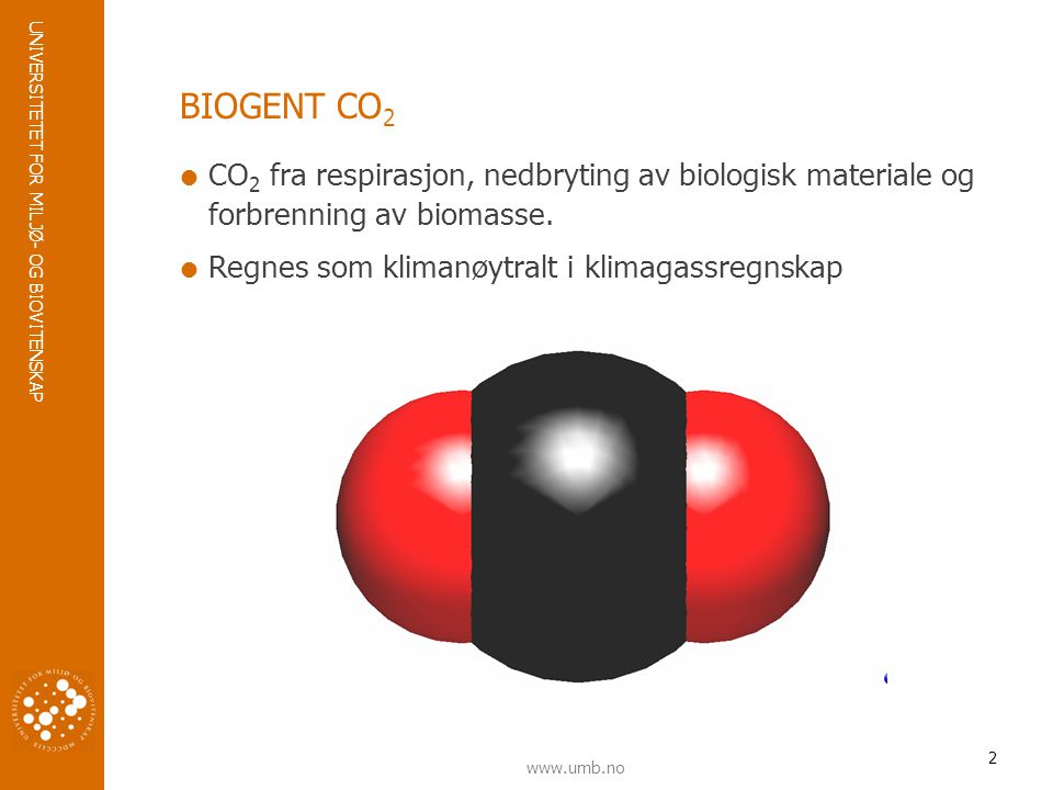 BIOGENT CO2 CO2 fra respirasjon, nedbryting av biologisk materiale og forbrenning av biomasse.