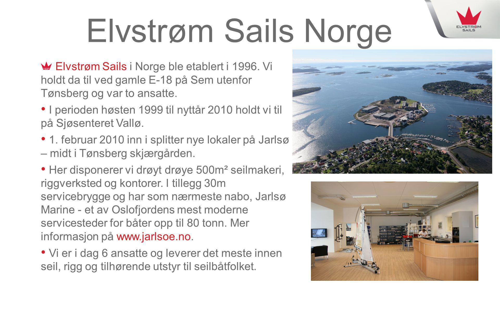 Elvstrøm Sails Norge Elvstrøm Sails i Norge ble etablert i Vi holdt da til ved gamle E-18 på Sem utenfor Tønsberg og var to ansatte.