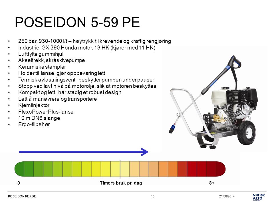 POSEIDON 5-59 PE 250 bar, l/t – høytrykk til krevende og kraftig rengjøring. Industriel GX 390 Honda motor, 13 HK (kjører med 11 HK)