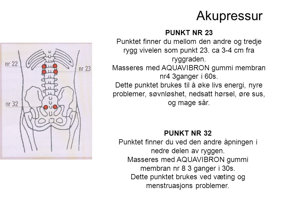 Akupressur PUNKT NR 23. Punktet finner du mellom den andre og tredje rygg vivelen som punkt 23. ca 3-4 cm fra ryggraden.