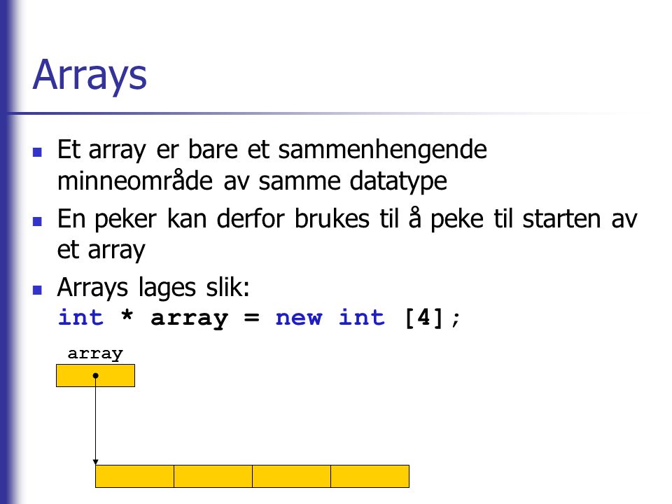 Arrays Et array er bare et sammenhengende minneområde av samme datatype. En peker kan derfor brukes til å peke til starten av et array.