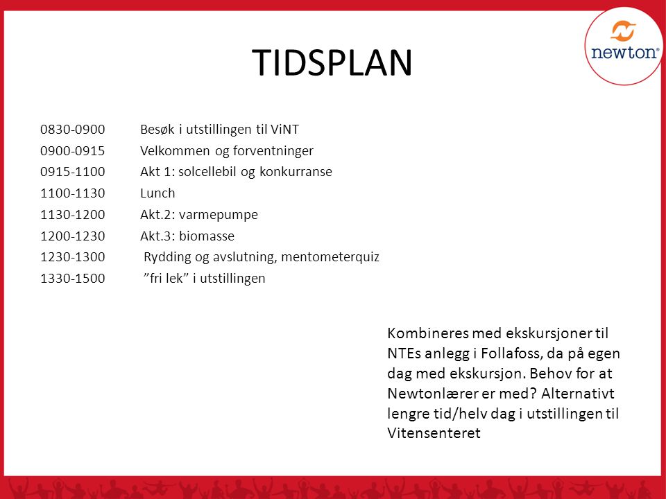 TIDSPLAN Besøk i utstillingen til ViNT Velkommen og forventninger Akt 1: solcellebil og konkurranse.