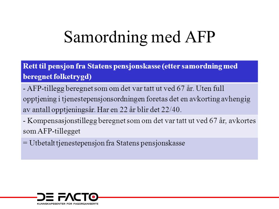 Samordning med AFP Rett til pensjon fra Statens pensjonskasse (etter samordning med beregnet folketrygd)