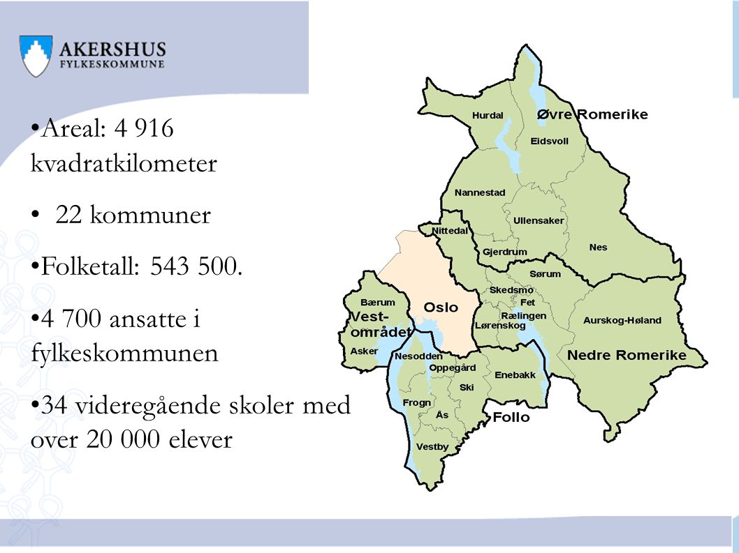 Generelt om Akershus Areal: 4916 kvadratkilometer