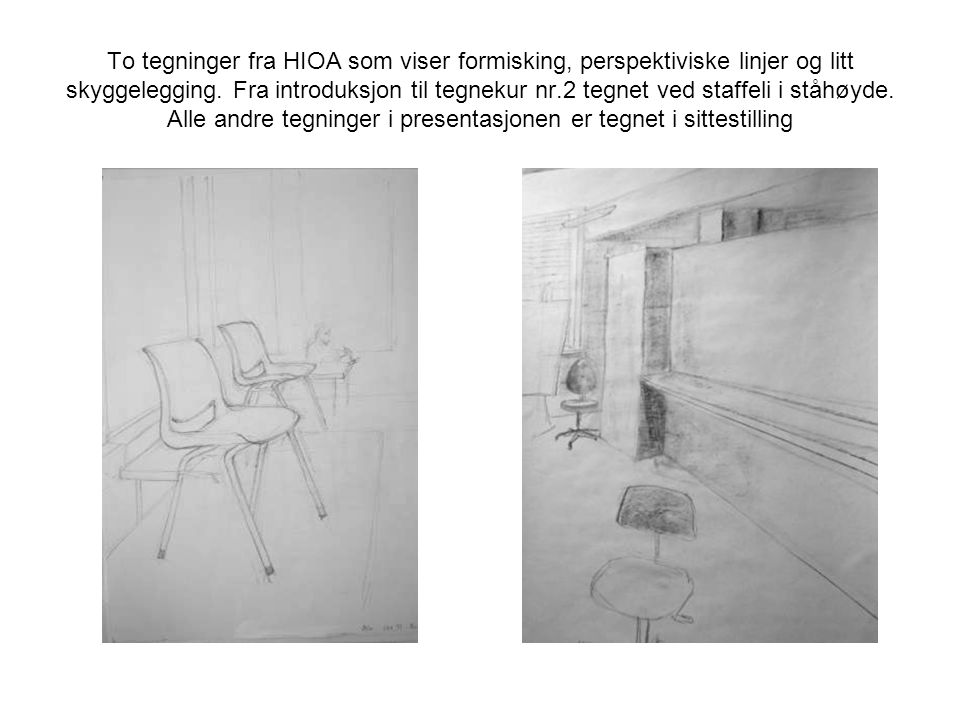 To tegninger fra HIOA som viser formisking, perspektiviske linjer og litt skyggelegging.