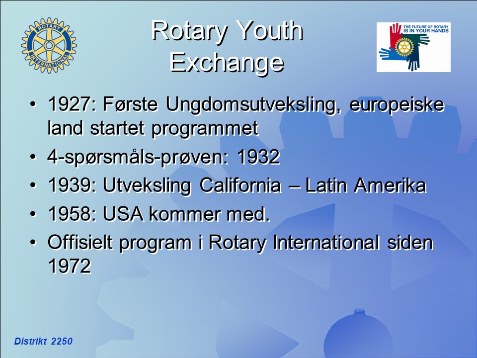 Rotary Youth Exchange 1927: Første Ungdomsutveksling, europeiske land startet programmet. 4-spørsmåls-prøven:
