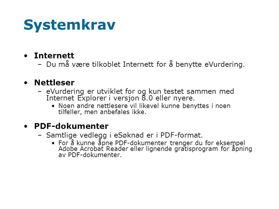 Systemkrav Internett Nettleser PDF-dokumenter