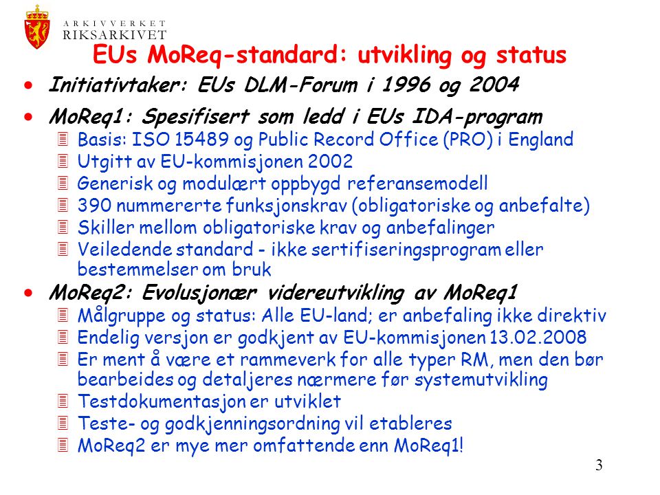 EUs MoReq-standard: utvikling og status