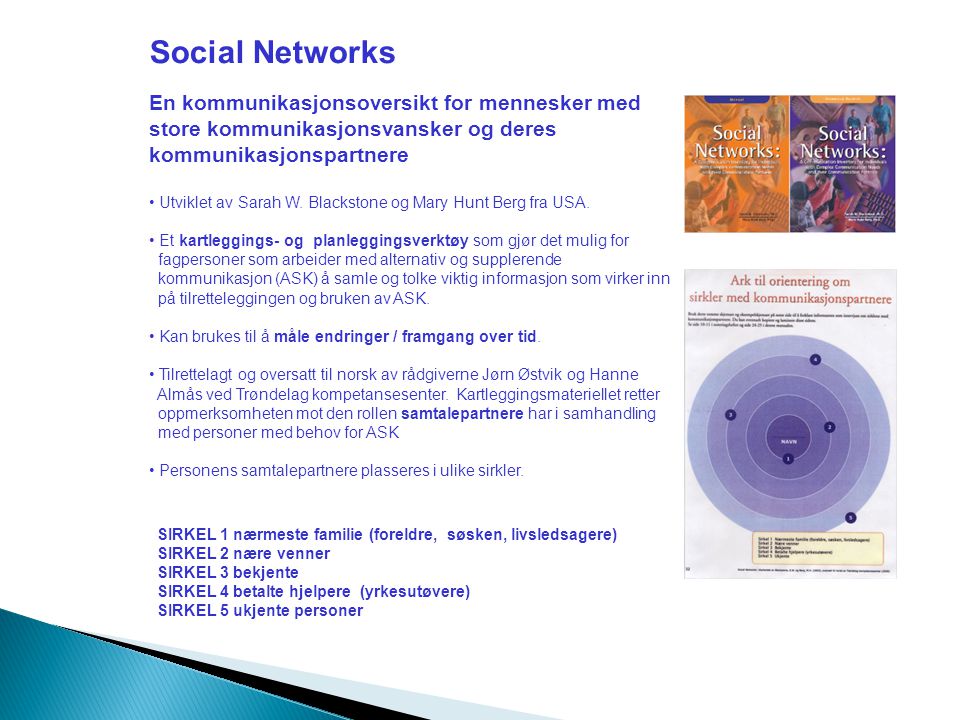 Social Networks En kommunikasjonsoversikt for mennesker med store kommunikasjonsvansker og deres kommunikasjonspartnere.