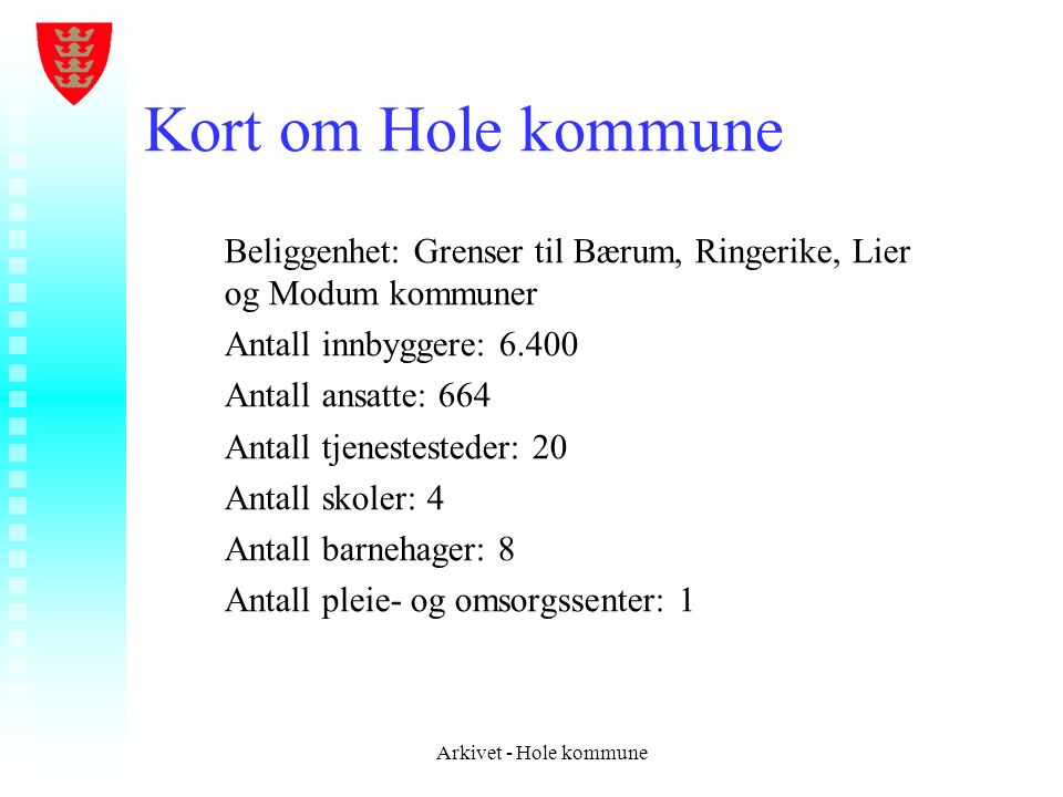 Kort om Hole kommune Beliggenhet: Grenser til Bærum, Ringerike, Lier og Modum kommuner. Antall innbyggere: